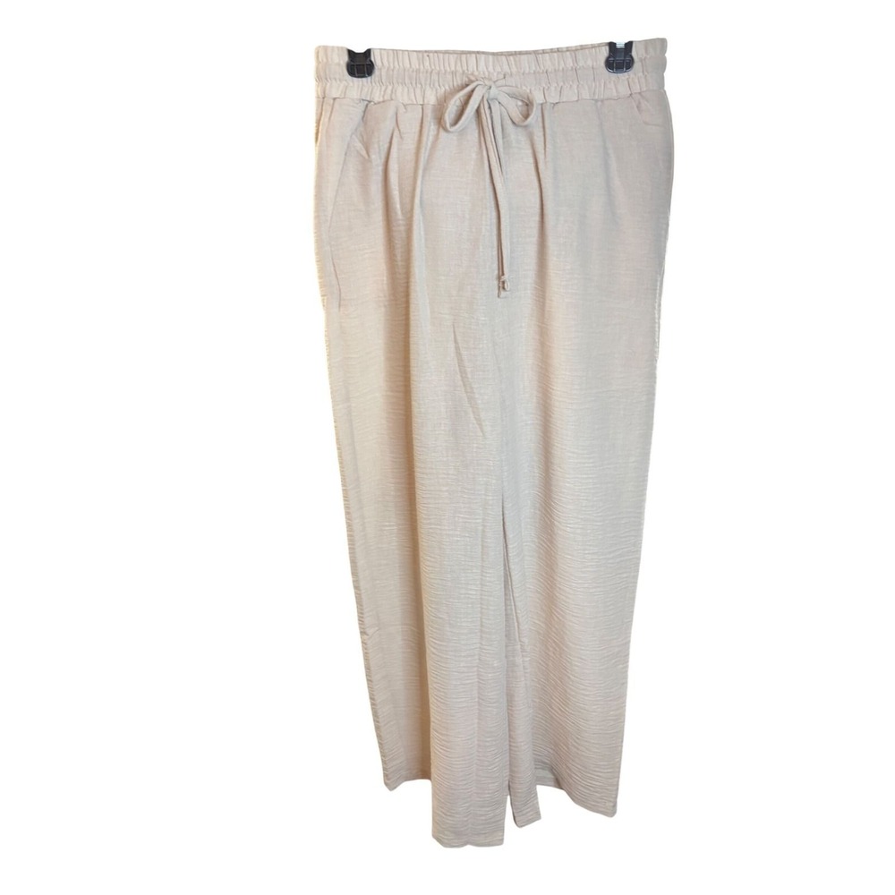 Zenana Light Beige Textured Wide Leg Drawstring Gauze Pants Large 7331